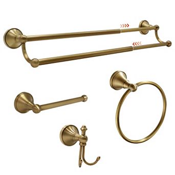 4 pc Antique Brass Bathroom Hardware Set Adjustable 16 to 27 Inch Solid Wall Mounted