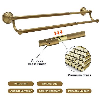 4 Piece Antique Brass Bathroom Hardware Set Adjustable 16 to 27 Inch Solid Wall Mounted