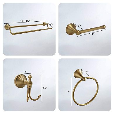 4 Piece Antique Brass Bathroom Hardware Set Adjustable 16 to 27 Inch Solid Wall Mounted