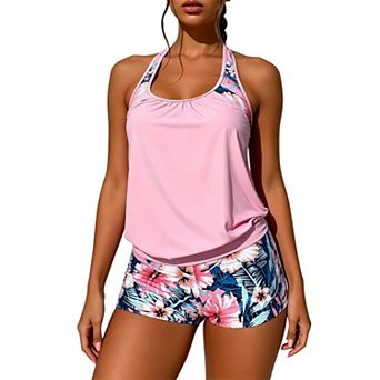 Strappy Back Blouson Tankini Two Piece Swimsuit Tropical Print Boyshort Bathing Suit