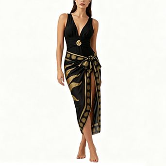 Women 2 pc Sun Print Swim Set Deep V Metal Ornament One Piece & Wrap Sarong Cover Up