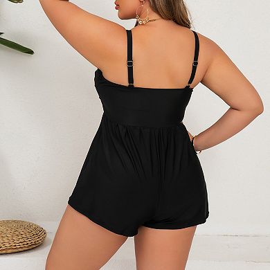 Tie Front Romper Two Piece Swim Suit Adjustable Strap Modest Tank Swim Short Outfit
