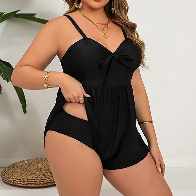 Tie Front Romper Two Piece Swim Suit Adjustable Strap Modest Tank Swim Short Outfit