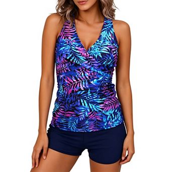 Women 2 pc Tropical Print Tankini Wrap V Neck Ruched Top Athletic Swim Shorts Bathing Suit