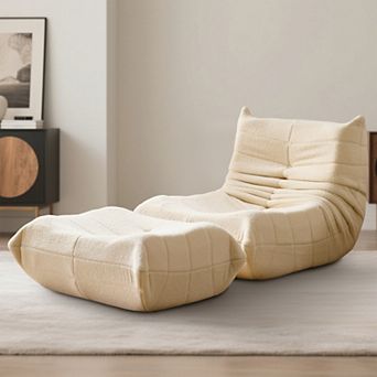 White Teddy Fleece Floor Bean Bag Chair with Matching Ottoman Footrest Set, No Assembly Lazy Sofa
