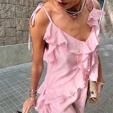 Tencel Camisole Summer Top - V-Neck Ruffled Spaghetti Strap Blouse, Asymmetrical Ruffled Train Hem