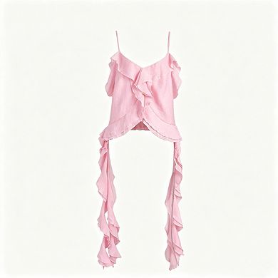 Tencel Camisole Summer Top - V-Neck Ruffled Spaghetti Strap Blouse, Asymmetrical Ruffled Train Hem