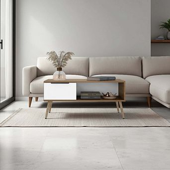 Basset Coffee Table, 1 Drawer, 1 Shelf, 4 Legs, Natural Oak / White