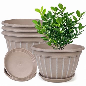 10 Inch Planter Pots with Drainage Saucer 4 Pack Resin Indoor Outdoor Decorative Beige
