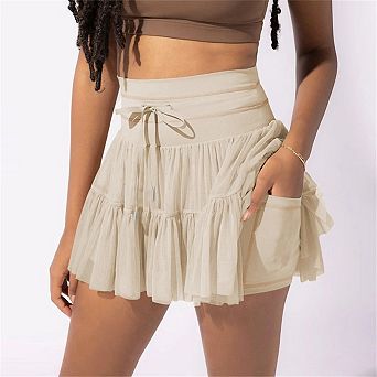 Pleated Mini Skirt - Mesh Overlay, High-Waist with Tie Belt, Micro-Stretch Nylon for Women