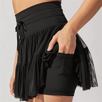 Pleated Mini Skirt - Mesh Overlay, High-Waist with Tie Belt, Micro-Stretch Nylon for Women