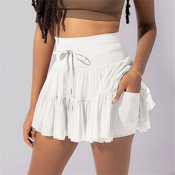 Pleated Mini Skirt - Mesh Overlay, High-Waist with Tie Belt, Micro-Stretch Nylon for Women
