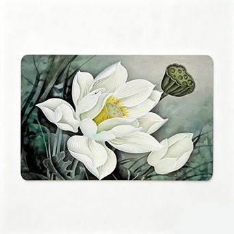Watercolor White Lotus Flower Floor Mat Calm Zen Style Home Rug