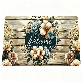 Wood Plank Welcome Flower Wreath Floor Mat Farmhouse Front Door Rug
