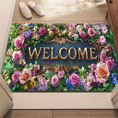 Welcome Rose Flower Wreath Floor Mat Romantic Front Door Rug