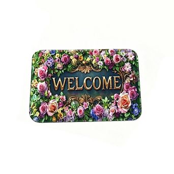 Welcome Rose Flower Wreath Floor Mat Romantic Front Door Rug