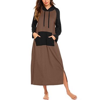Ekouaer Nightgowns Fleece Nightgown Long Sleeve Hooded Nightgown Long Sleep Shirt with Pocket