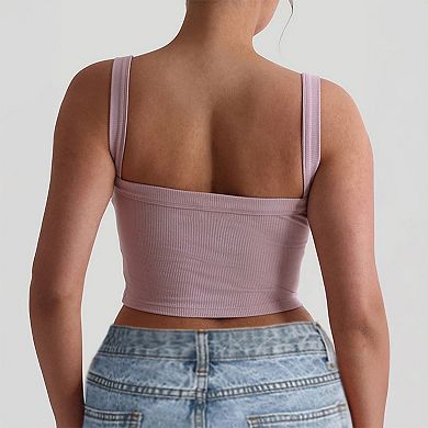 Women's Ribbed Knit Square Neck Crop Tank Top, Form-Fitting Sleeveless Cami