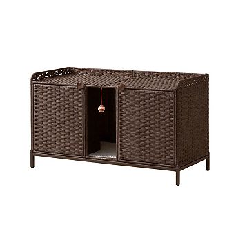 Handwoven Rattan Cat Litter Box Enclosure Furniture, Hidden Cat House with Door & Washable Mat