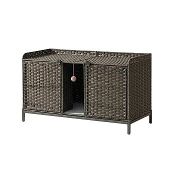 Handwoven Rattan Cat Litter Box Enclosure Furniture, Hidden Cat House with Door & Washable Mat