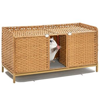 Handwoven Rattan Cat Litter Box Enclosure Furniture, Hidden Cat House with Door & Washable Mat