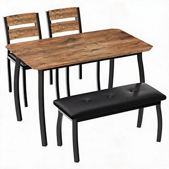4 pc Dining Table Set with Padded Bench and Two Chairs with Cushions, Sturdy Metal Frame