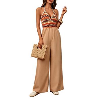 Women's Halter Boho Jumpsuit Casual Sleeveless Wide Leg Casual Romper