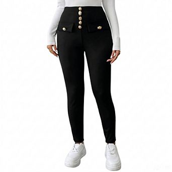 Women's High Waist Slim Fit Pants, Gold Button Front with Faux Pockets