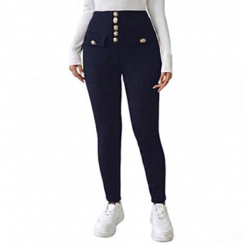 Women's High Waist Slim Fit Pants, Gold Button Front with Faux Pockets