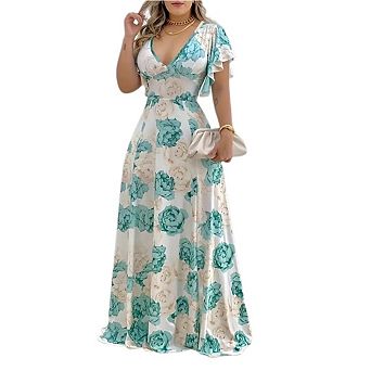 Women's Floral Print Long Dress, V-neck Bell Sleeve Wrap Waist Loose Maxi Dress