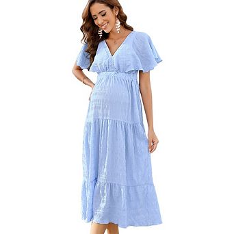 Women Maternity Casual Short Sleeve V Neck High Waist Midi Dress