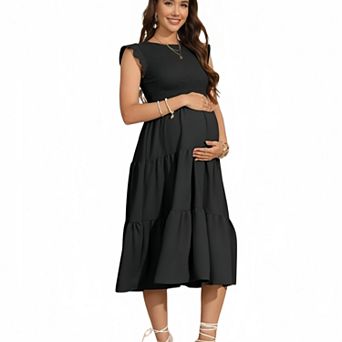 Women Maternity Boho Ruffle Sleeve Smocked Elegant Round Neck Tiered Flowy Midi Dress