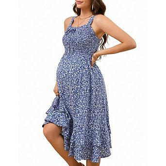 Women Maternity Spaghetti Strap Sundress Casual Flowy BohoFloral Tiered Beach Dress