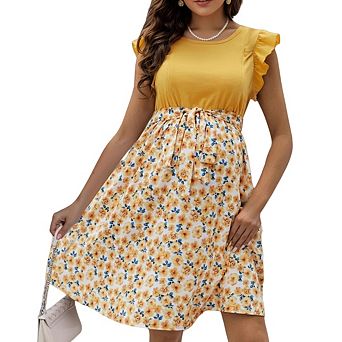 Women's Maternity Floral Ruffle Sleeveless Belted A Line Flowy Sundress Boho Vacation Dresses