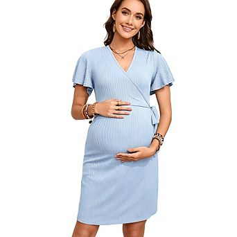 Women Maternity Short Sleeve Casual V Neck Loungewear Ribbed Knit Pregnancy Dresses
