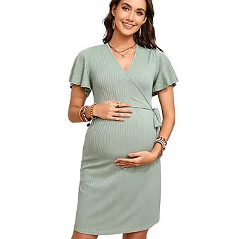 Women Maternity Short Sleeve Casual V Neck Loungewear Ribbed Knit Pregnancy Dresses
