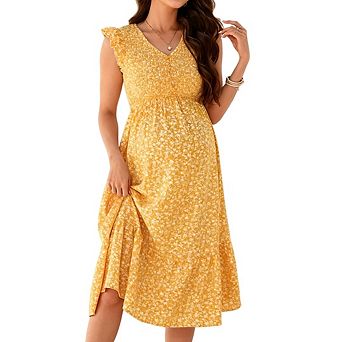 Women Maternity Smocked Ruffle Cap Short Sleeve Boho Casual V Neck Long Dress Baby Shower