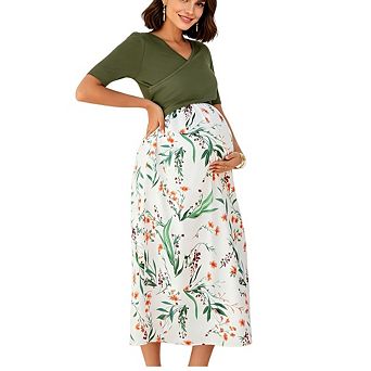 Women Maternity Short Sleeve V Neck Flowy Midi Dress