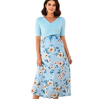 Women Maternity Short Sleeve V Neck Flowy Midi Dress