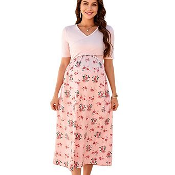 Women Maternity Short Sleeve V Neck Flowy Midi Dress