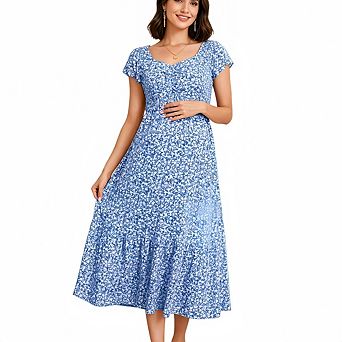 Women Maternity Short Sleeve Sweetheart Neckline Floral Midi Dress