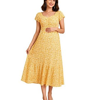 Women Maternity Short Sleeve Sweetheart Neckline Floral Midi Dress