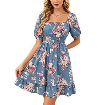 Women's Square Neck Floral Dress Puff Sleeve Smocked Waist Ruffle Hem A Line Midi Dress