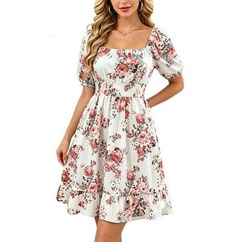 Women's Square Neck Floral Dress Puff Sleeve Smocked Waist Ruffle Hem A Line Midi Dress