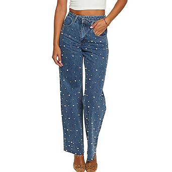 Women's Cross Waist Boyfriend Jeans, Pearl Beaded Raw Edge Straight Leg Y2K Baggy Denim Pants