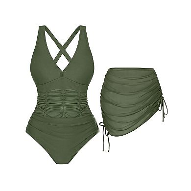 One Piece Swimsuit with Swim Skirts Bathing Suit Mesh Patchwork Beachwear