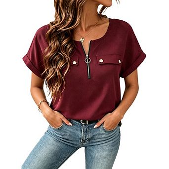 Women's Half Zip Rolled Short Sleeve Blouse, Round Neck Fake Pocket Casual Daily Top