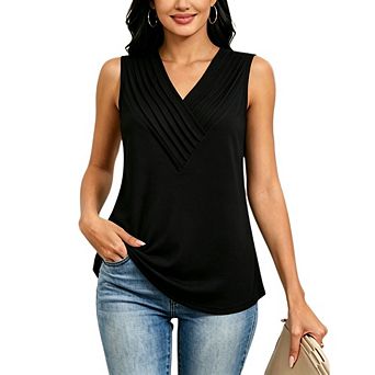Women's Sleeveless V Neck Pleated Tank Top, Curved Hem Casual Solid Blouse