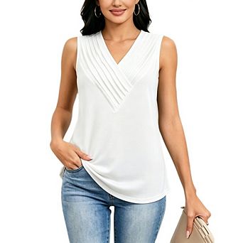 Women's Sleeveless V Neck Pleated Tank Top, Curved Hem Casual Solid Blouse