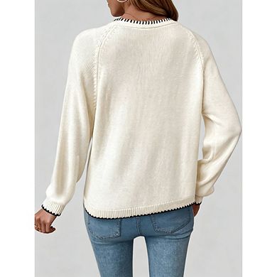 Women's Open Front Knit Sweater Cardigan, Contrast Stitch Binding Tie Front Long Sleeve Outerwear